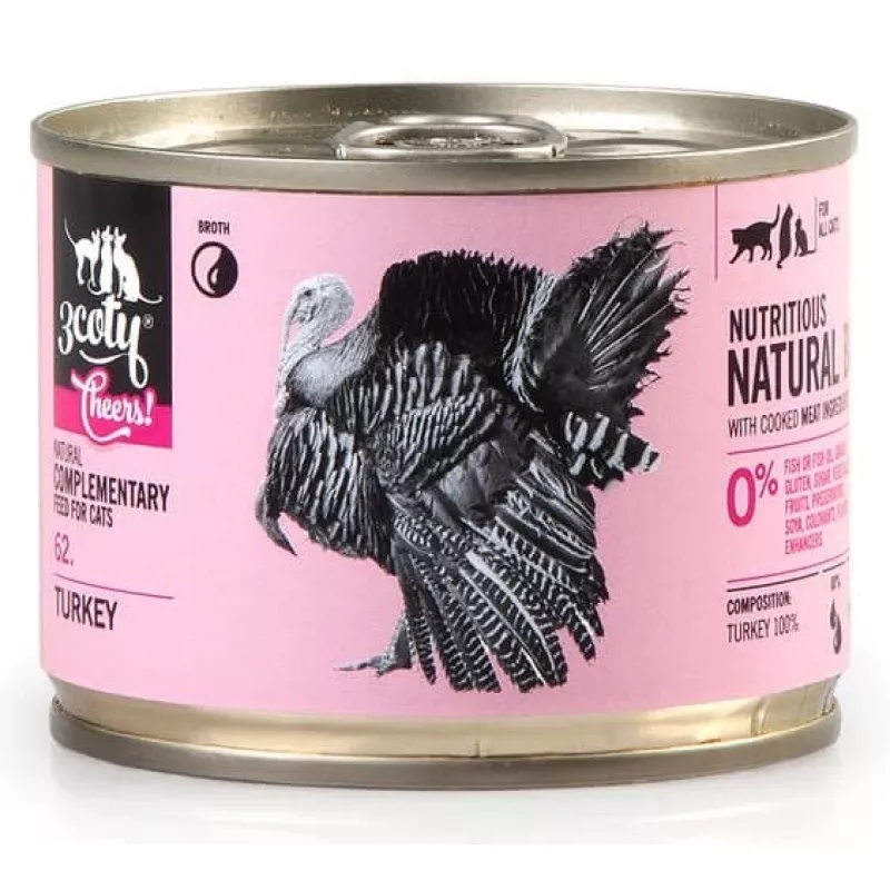 Papildomas šlapias kačių maistas 3coty TURKEY Cheers! skardinė 160 g — monoproteinas, suaugusioms katėms, be glitimo ir cukraus