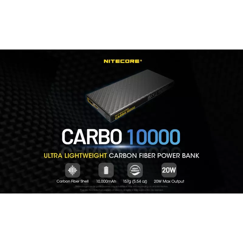 Nešiojama išorinė baterija Nitecore CARBO 10000 — ličio jonų 10000 mAh, 38 W PD, USB‑A + USB‑C, pilka