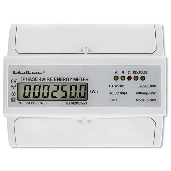 Qoltec trifazis dvikryptis elektroninis skaitiklis | DIN bėgelio energijos suvartojimo matuoklis | 400V | 100A | LCD | 4P