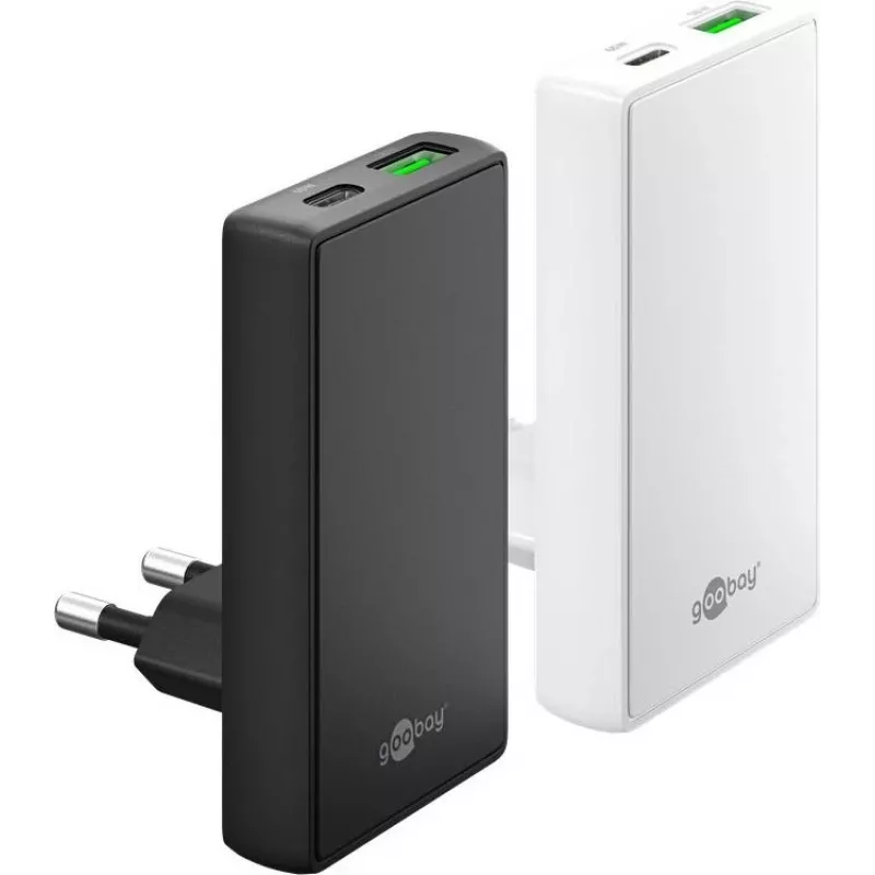 Goobay USB-C PD GaN dvigubas greitasis įkroviklis 90° plokščias 65 W baltas - 1x - jungtis (75724)