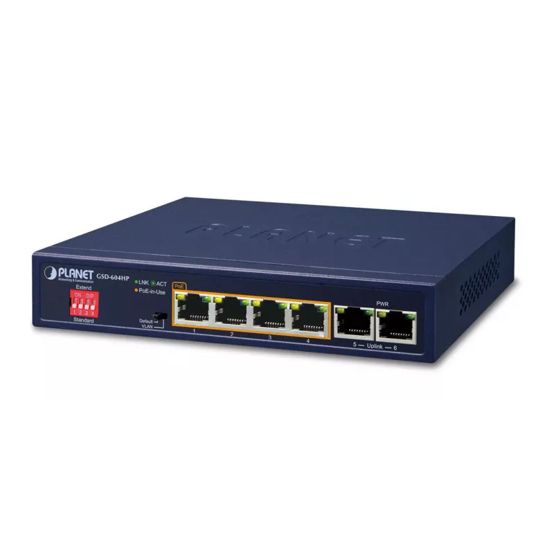 PLANET GSD-604HP – komutatorius – 4 x 10/100/1000 (PoE+) + 2 x 10/100/1000 (Uplink) – Stalinis – PoE+ (55 W) (GSD-604HP)