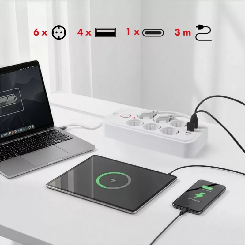 Kištukinis lizdas MACLEAN MCE391 W — 6 lizdai, 4×USB-A + 1×USB-C, 3 m kabelis, 110–240V, 2500W, baltas