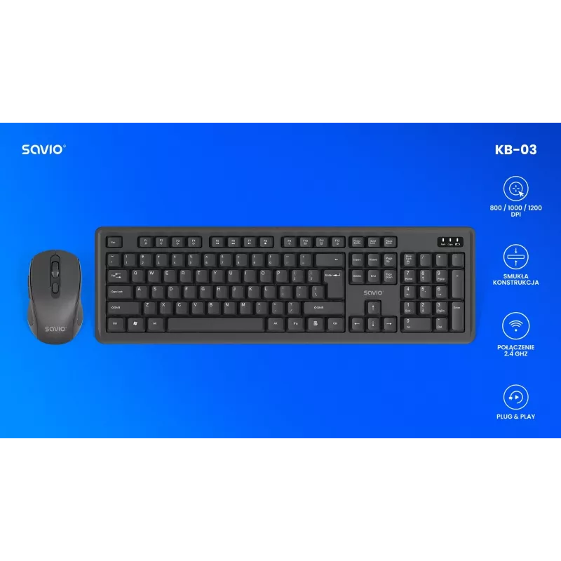 Savio KB-03 klaviatūra su pele, skirta namams/biurui, USB, QWERTY, JAV anglų, juoda
