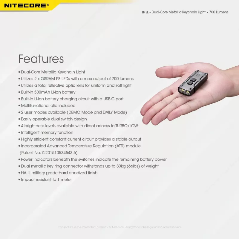 Nitecore TIP SE juodas rankinis LED žibintuvėlis