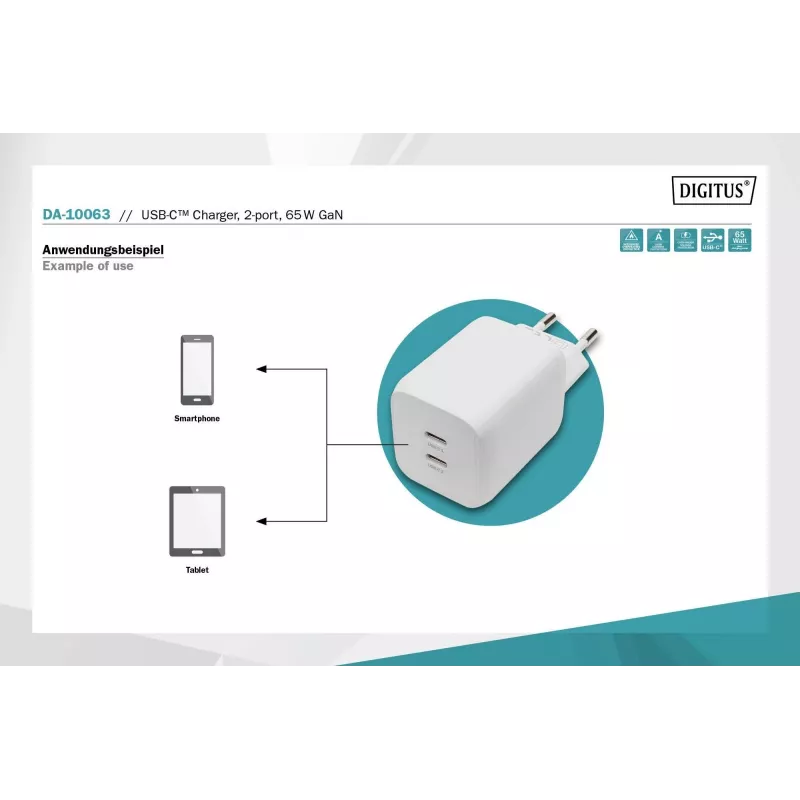 Digitus USB-C Charger. 2-port. 65W GaN