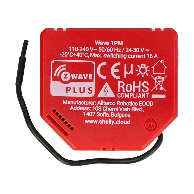 Išmanusis jungiklis Shelly W 1PM plastikinis 16A 110–240 V, Z‑Wave, 868,4 MHz, raudonas, 42×37×16 mm