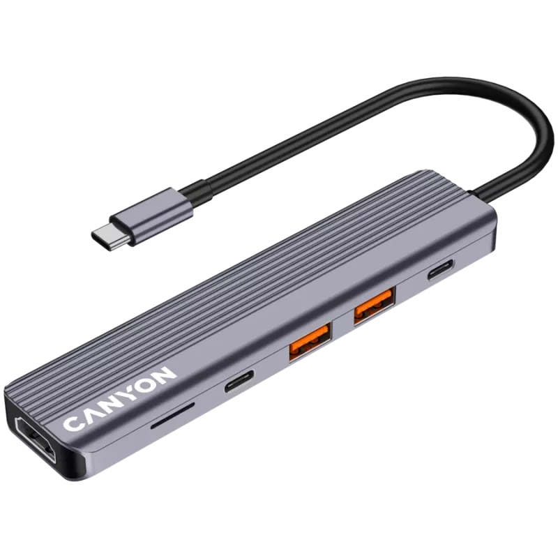 USB Type-C šakotuvas CANYON DS-17 — HDMI, USB 3.2 Gen 1 A, USB-C, MicroSD, 10000 Mbit/s, pilkas
