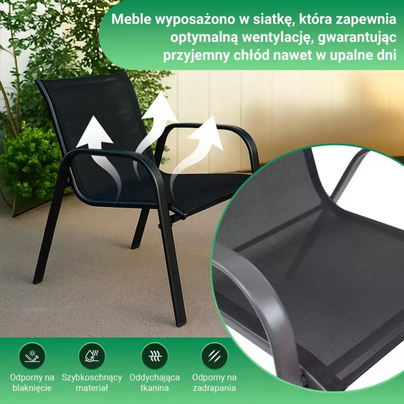 Extralink Juoda Forest sodo baldų komplektas, tekstileno dvi kėdės + juodas stalas lauko baldų komplektas