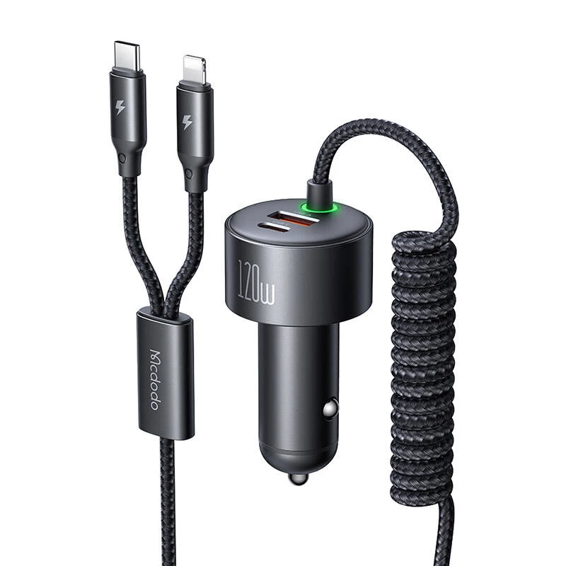 Mcdodo CC-0370 automobilinis įkroviklis, USB-C, Lightning, 120W, ištraukiami kabeliai