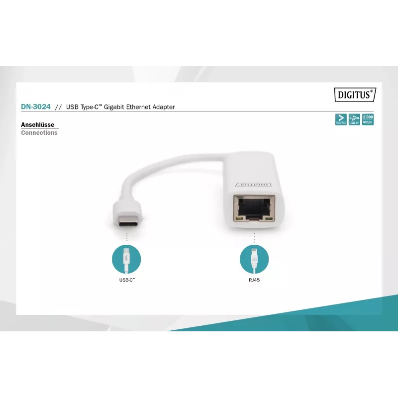 Digitus DN-3024 USB 3.0 adapteris 20 cm 1x USB-C į 1x RJ45 ekranuotas
