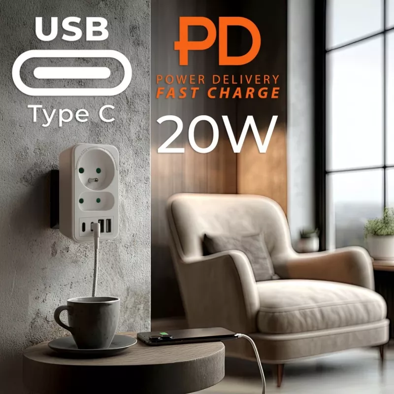 Maitinimo skirstytuvas MACLEAN MCE249 F/W — 2x maitinimo lizdai (16A + 6A) ir 4x USB (2x A, 2x C PD 20W)