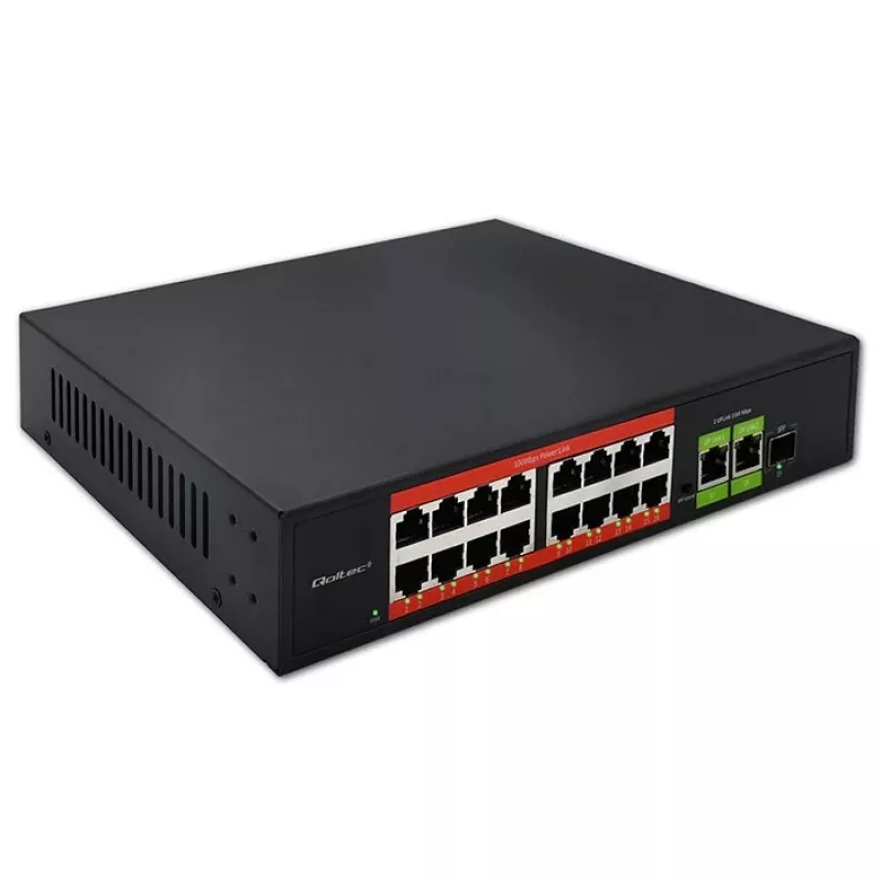 Ethernet PoE komutatorius QOLTEC 16x RJ45, 2x RJ45 uplink, 1x SFP (MPN 52291)