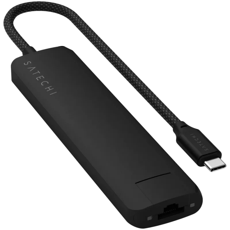 Satechi 7-w-1 USB-C plonas daugiafunkcis adapteris su Ethernet (USB-C PD, 2x USB-A, HDMI 4K, Ethernet, micro/SD kortelių skaitytuvas) (juoda)