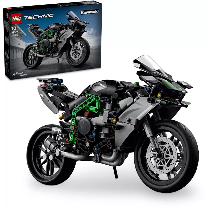LEGO Technic motociklo modelis Kawasaki Ninja H2R 42170 — 1:1 mastelio kopija, 643 detalės, instrukcijų lapas, nuo 10 metų