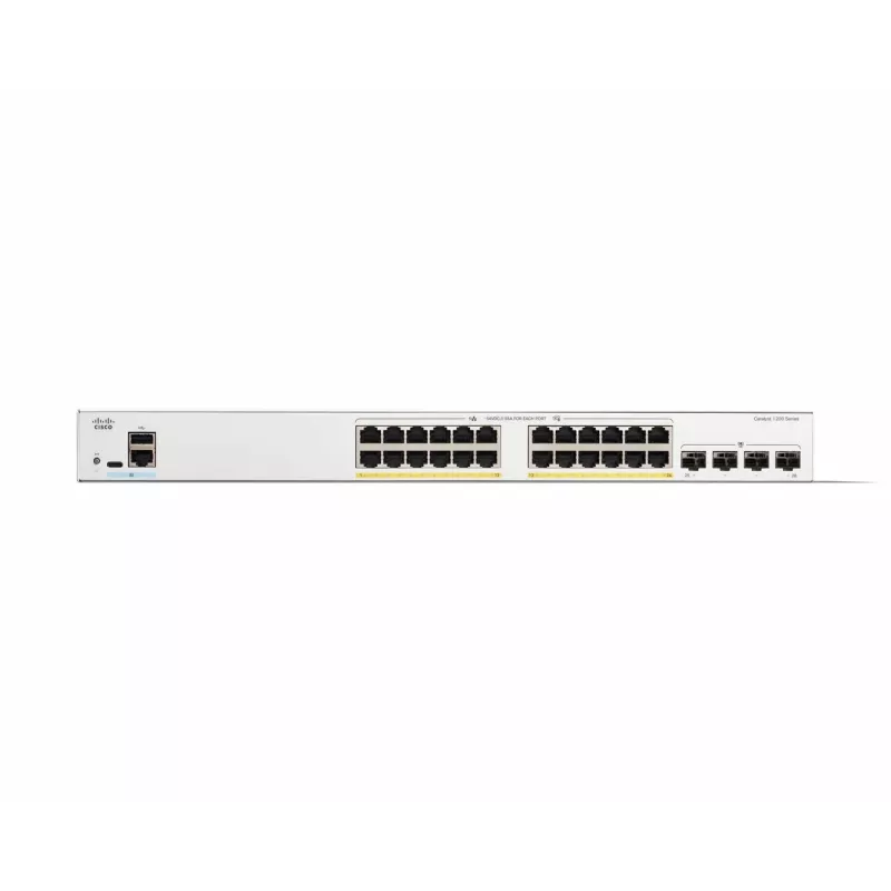 Cisco Catalyst 1200-24FP-4G išmanusis jungiklis, 24 prievadai GE, pilnas PoE, 4x1GE SFP, ribota viso gyvenimo apsauga (C1200-24FP-4G)