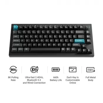 Mechaninė klaviatūra Keychron Q1 Ultra 8K — 75% išdėstymas, USB + RF belaidė + Bluetooth, RGB, juoda