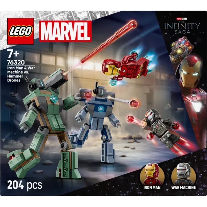 Konstravimo žaislas LEGO Marvel Super Heroes Geležinis žmogus ir War Machine rinkinys 76320, 204 dalys, 2 minifigūrėlės, 100 mm aukštis