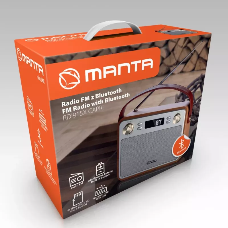 Automobilinis radijas MANTA RDI915X — FM imtuvas su Bluetooth 2.1, USB, microSD, 1200 mAh baterija, 10 W galia