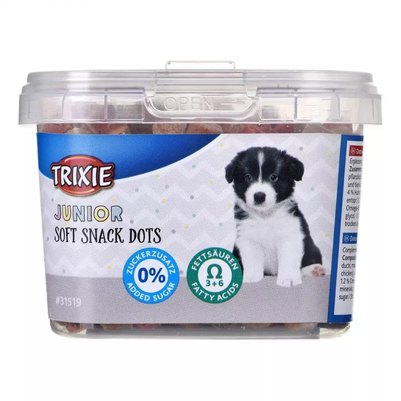 Šunų dresūros skanėstai Trixie Junior Dots 140 g — minkšti lašišos užkandukai šuniukams