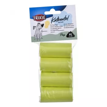 Išmatų maišeliai Trixie Lemon Scented M — 20 vnt. ritinyje, 4 ritinėliai (80 maišelių), geltonas plastikas