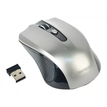 Belaidė pelė GEMBIRD MUSW-4B-04-BG — dešiniarankiams, optinė 1600 DPI, 4 mygtukai, RF belaidė, juoda/pilka