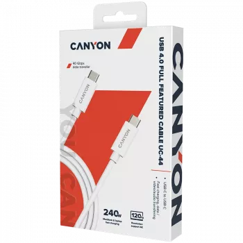 CANYON UC-44, laidas, U4-CC-5A1M-E, USB4 TYPE-C į TYPE-C laido komplektas 40G 1m 5A 240W(ERP) su E-MARK, CE, ROHS, baltas