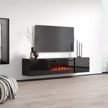 TV spintelė cama meble LUXE 301126 su įmontuotu elektriniu židiniu, 182,6×34,5×37,5 cm, juoda blizgi