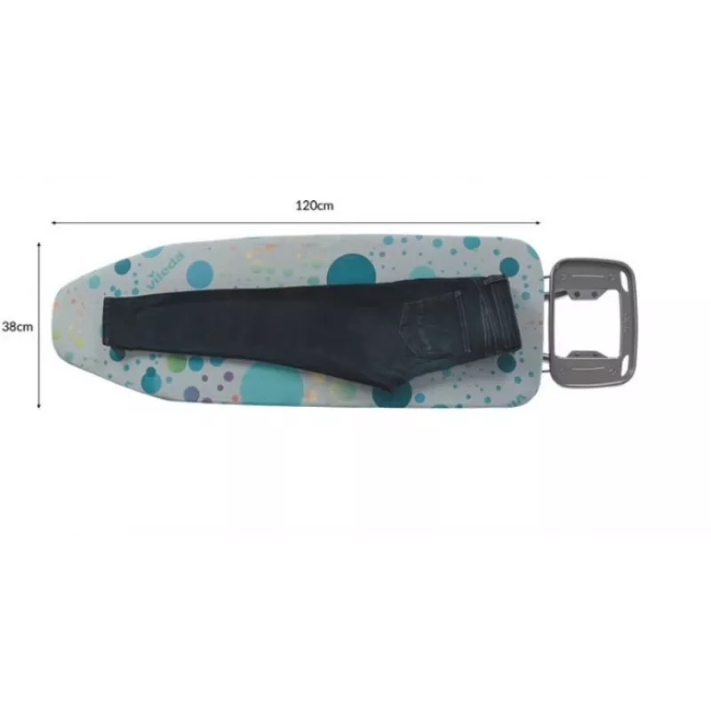 Viso dydžio lyginimo lenta Vileda 4023103218932 — viso dydžio, nerūdijančio plieno kojelės, 1200×380 mm lenta, aukštis 75–96 cm, sulankstoma, lygintuvo laikiklis