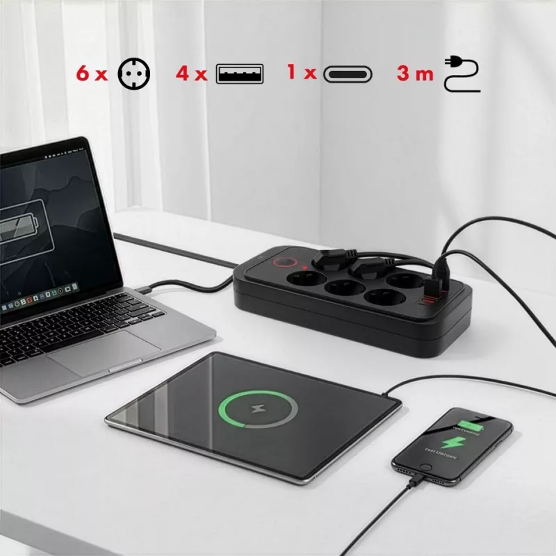 Maitinimo lizdas MACLEAN MCE391 B – 6 lizdai, 4×USB-A + 1×USB-C, 110–240V, 2500W, 3 m kabelis, juodas
