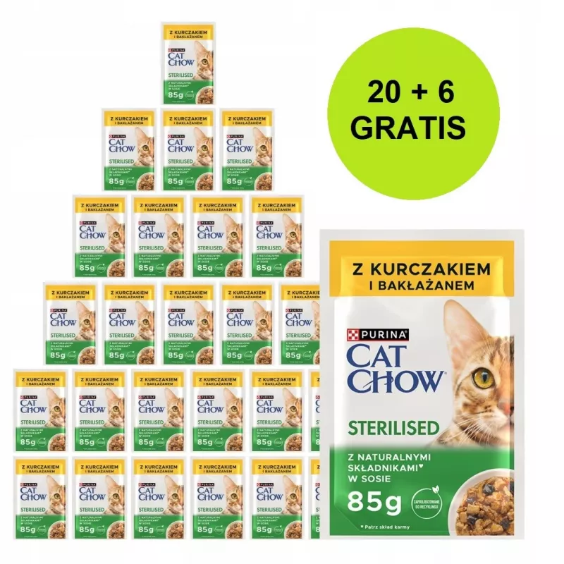 PURINA Cat Chow Sterilised su vištiena ir baklažanais padaže - šlapias kačių ėdalas - 26x85g (20 + 6 nemokamai)