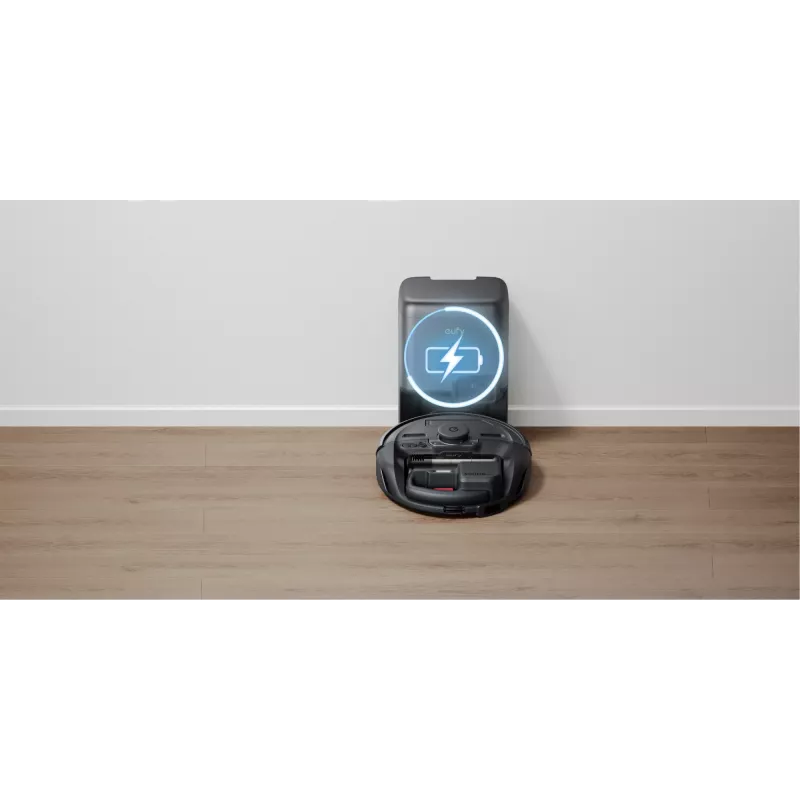 Robot vacuum Eufy E20 Juoda — apvalus, dulkių maišelio bazinė stotis, 150 min veikimo laikas, 35 cm skersmuo