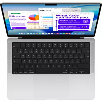 „Apple MacBook Pro“ sidabrinis MDE44D/A – 35,6 cm (14 colių), M5 10 branduolių lustas, 10 branduolių GPU, 16 GB RAM, 512 GB SSD / be maitinimo šaltinio