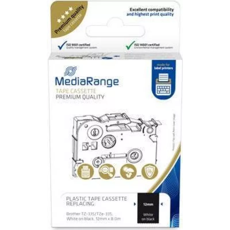 MediaRange plastikinė juostelinė kasetė Brother TZ-335 12mm 8m balta ant juodos