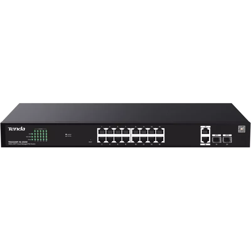 Switch TENDA TEG2220P-16-250W — Gigabitinis Websmart L2 debesies PoE+ 16×1Gb/s, 230 W