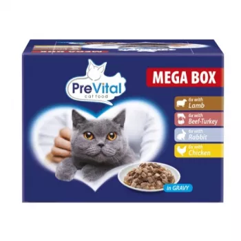 PREVITAL kačių maisto megadėžė su ėriena, jautiena, triušiena ir vištiena padaže – drėgnas kačių maistas – 24 x 100g