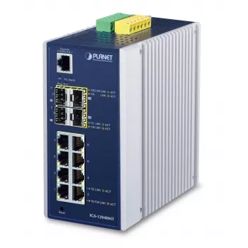 PLANET IGS-12040MT - valdomas komutatorius - 8 x 10/100/1000 + 4 x Gigabit SFP - montuojamas ant DIN bėgelio, montuojamas ant sienos - AC 24 V / DC 12 -72 V (IGS-12040MT)