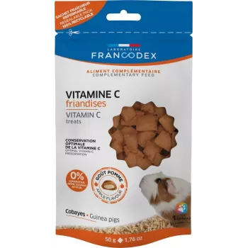 Skanėstas jūrų kiaulytėms FRANCODEX Vitamin C 50 g — vaisių skonio kietas maišelis, 50 g, baltymai 8 %, riebalai 27 %