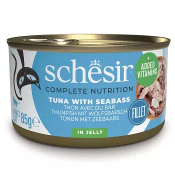 Šlapias kačių maistas Agras Pet Foods Schesir Tunas su jūros ešeriu 85 g maišelis, 13% baltymų, 2,5% riebalų, 82% drėgmės