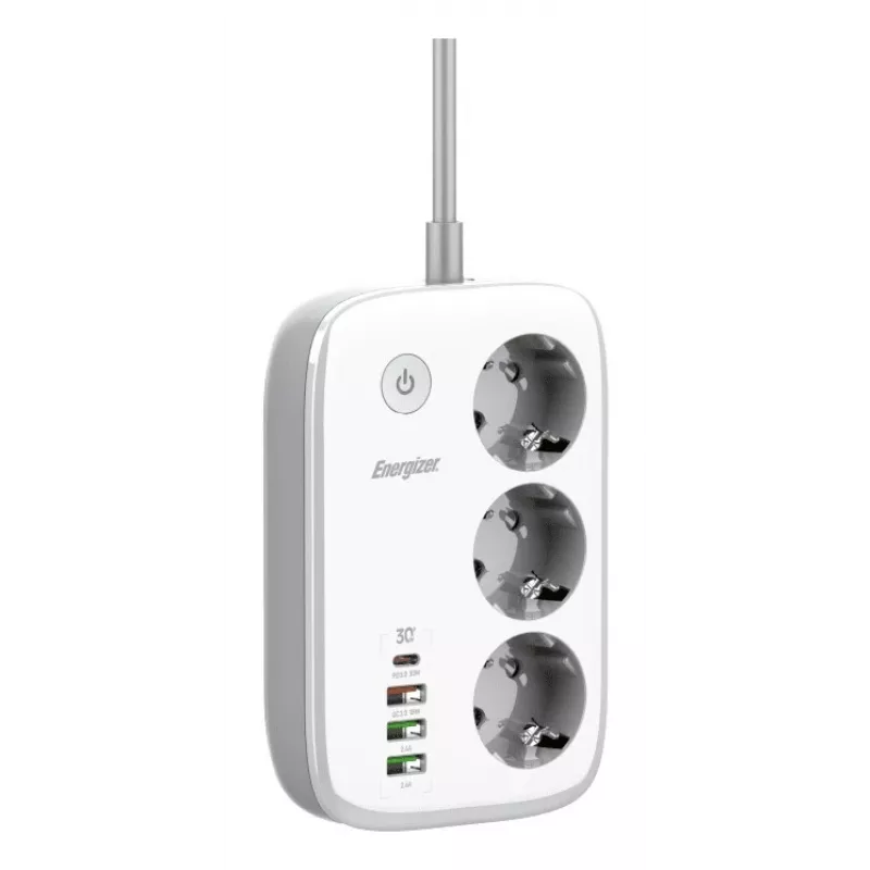 Maitinimo ilgintuvas Energizer EPB2500W02EU — 3 kintamosios srovės lizdai, 2 m laidas, 2500 W, vidaus, baltas