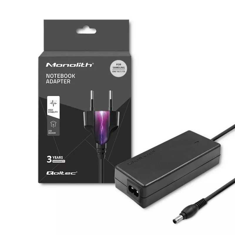 Qoltec 50015.60W maitinimo adapteris, skirtas Samsung | 60W | 19V | 3,15A | 5,5*3,5+centrinis kaištis | +maitinimo laidas