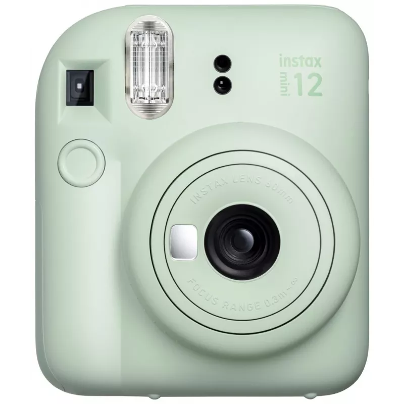 Momentinis fotoaparatas Fujifilm Instax Mini 12 žalia — nuotrauka 86x54 mm, juosta 62x46 mm, 60 mm židinio nuotolis