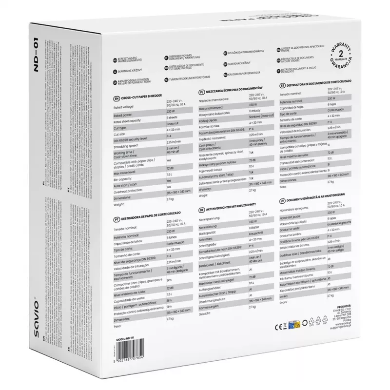 Popieriaus smulkintuvas SAVIO ND-01, kryžminis pjovimas 4 x 32 mm, 11 L talpos dėžė, 230 W, juodas, 72 dB
