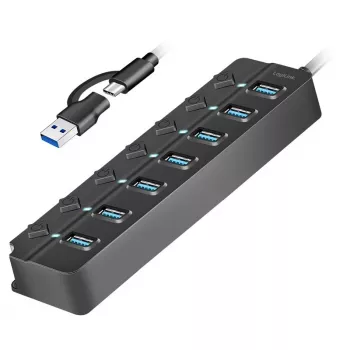 USB 3.2 Gen1 7 prievadų šakotuvas su atskirais jungikliais, juodas
