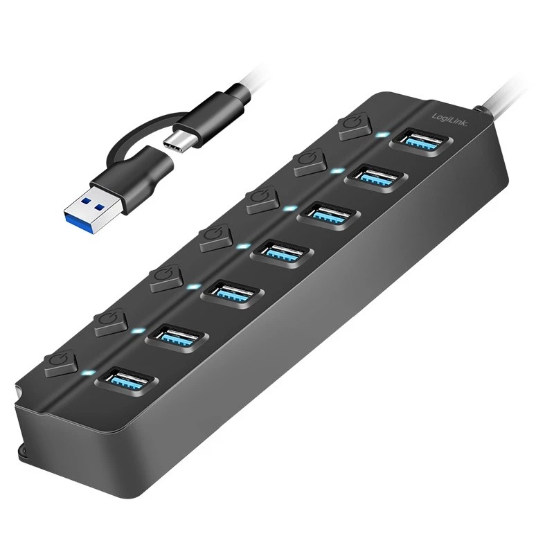 USB 3.2 Gen1 7 prievadų šakotuvas su atskirais jungikliais, juodas