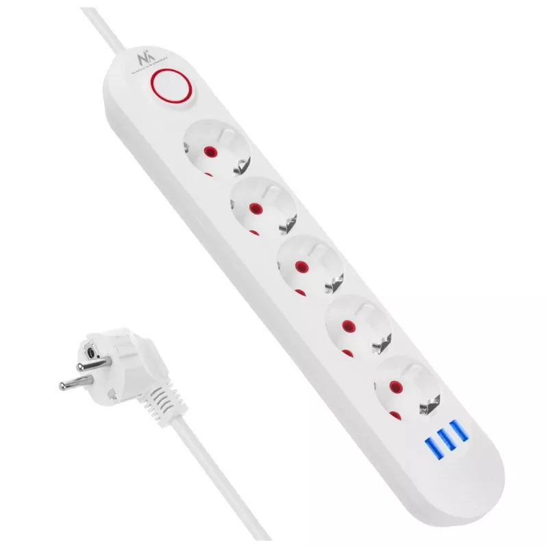 Maitinimo lizdų blokas MACLEAN MCE395 W — 5 lizdai, 3× USB A, 110–240 V kintamoji srovė, 2,1 A USB, maks. 2500 W, baltas, 1,5 m laidas