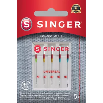 SINGER siuvimo mašinos adatos Universal ASST 5 vnt. — įvairių dydžių rinkinys austiems audiniams