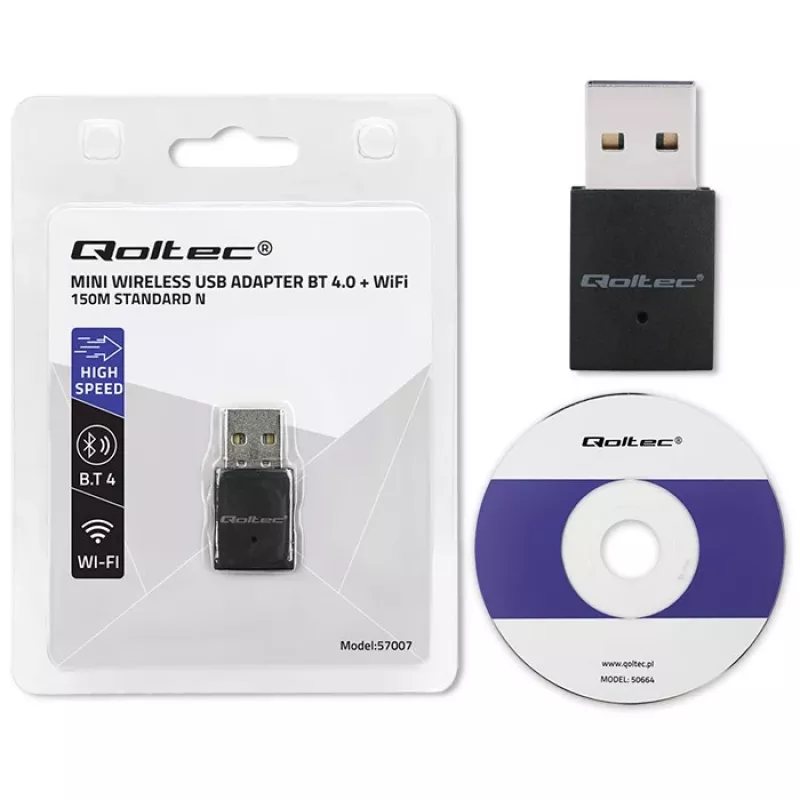 Belaidis mini USB Wi‑Fi adapteris QOLTEC 57007 — Vienos juostos 2,4 GHz, iki 150 Mbps, vidinė antena