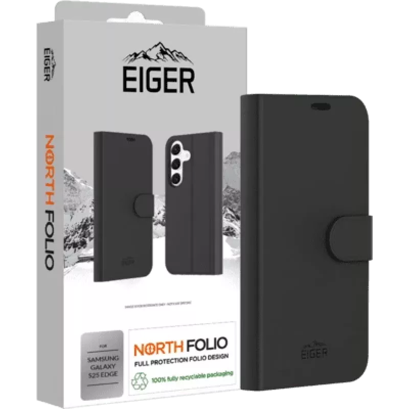 Apsauginis aplanko tipo dėklas Eiger Samsung Galaxy S25 Edge — juodas, modelis EGCA00761
