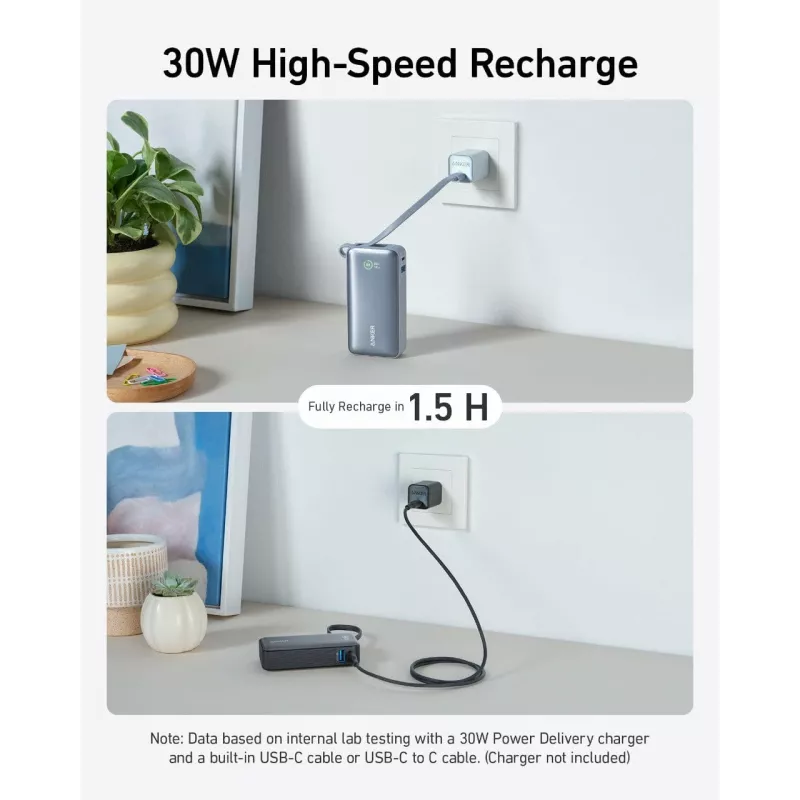 Powerbank 545 NANO 30W 10000mAh su įmontuotu USB-C laidu, juoda