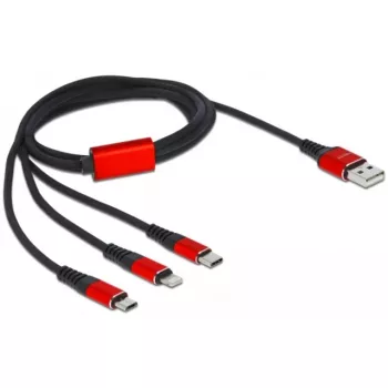 USB įkrovimo laidas DeLOCK 3 viename Type-A į Lightning / 2 x USB Type-C 1 m juoda / raudona